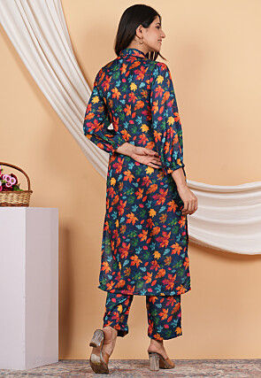 Digital Printed Modal Satin Straight Kurta Set in Navy Blue