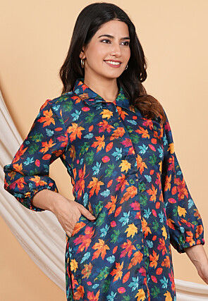 Digital Printed Modal Satin Straight Kurta Set in Navy Blue