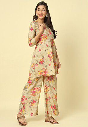 Digital Printed Modal Silk Co Ord Set in Beige