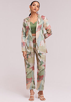 Digital Printed Modal Silk Co Ord Set in Light Green and Multicolor