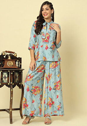 Digital Printed Modal Silk Co Ord Set in Sky Blue