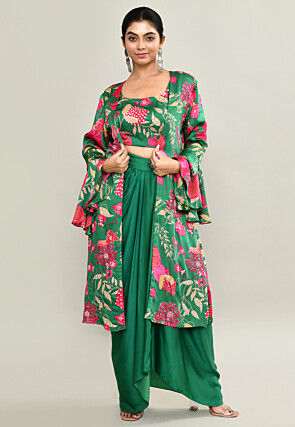 Digital Printed Modal Silk Crop Top Set in Green