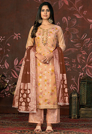 Digital Printed Modal Silk Jacquard Pakistani Suit in Peach