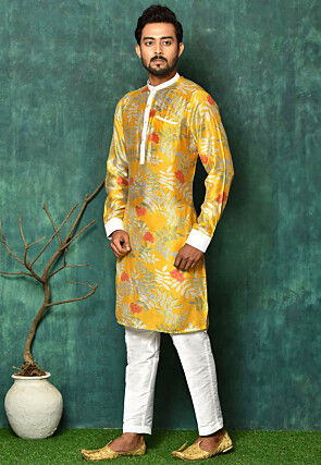 Digital Printed Modal Silk Kurta Set in Mustard