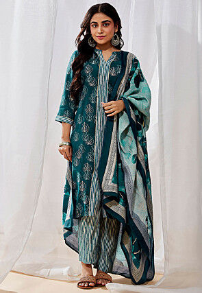 Digital Printed Modal Silk Pakistani Suit in Teal Green