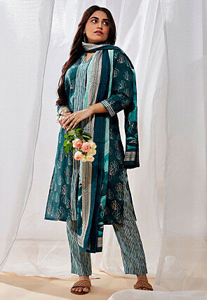 Digital Printed Modal Silk Pakistani Suit in Teal Green