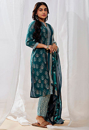 Digital Printed Modal Silk Pakistani Suit in Teal Green