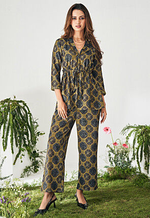 Digital Printed Modal Silk Top Set in Olive Green