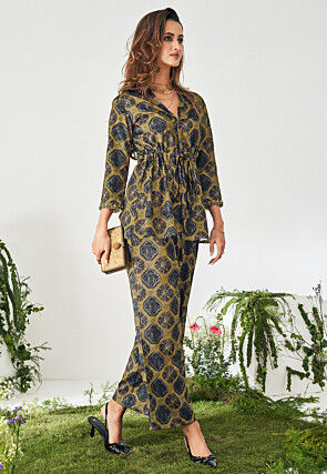 Digital Printed Modal Silk Top Set in Olive Green