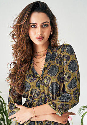 Digital Printed Modal Silk Top Set in Olive Green