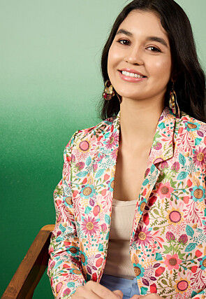 Digital Printed Mulberry Silk Blazer in Peach