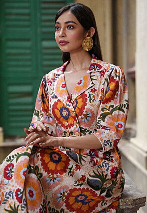 Digital Printed Mulmul Cotton Maxi Dress in Off White and Multicolor