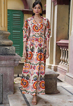 Digital Printed Mulmul Cotton Maxi Dress in Off White and Multicolor
