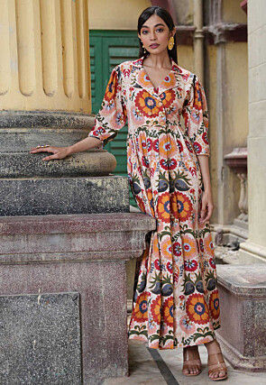 Digital Printed Mulmul Cotton Maxi Dress in Off White and Multicolor