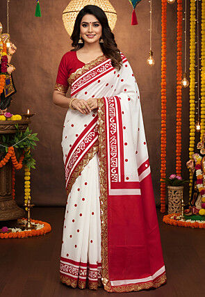 Digital Printed Mulmul Cotton Scalloped Saree in White