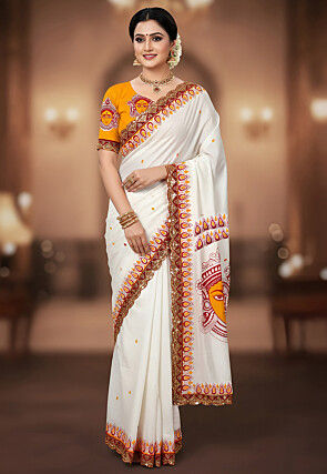 Digital Printed Mulmul Cotton Scalloped Saree in White