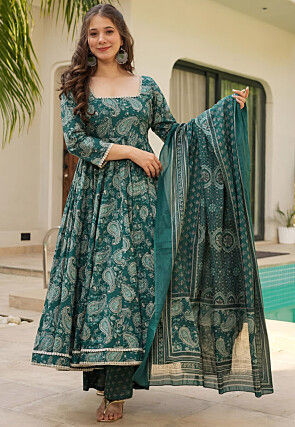 Digital Printed Muslin Cotton A Line Suit in Green