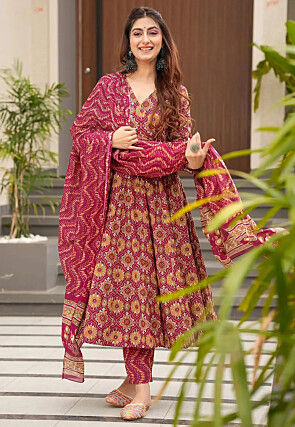 Digital Printed Muslin Cotton A Line suit in Pink