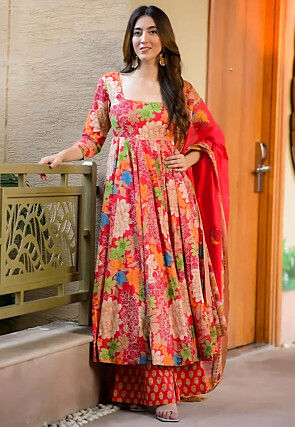 Digital Printed Muslin Cotton A Line suit in Red