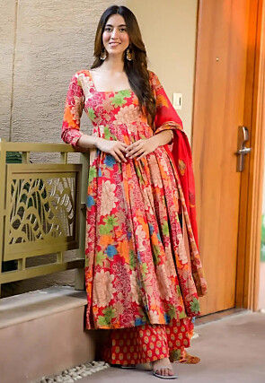 Digital Printed Muslin Cotton A Line suit in Red