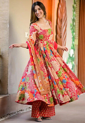 Digital Printed Muslin Cotton A Line suit in Red