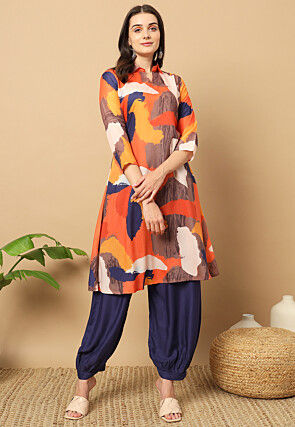 Digital Printed Muslin Cotton Aline Kurta Set in Multicolor