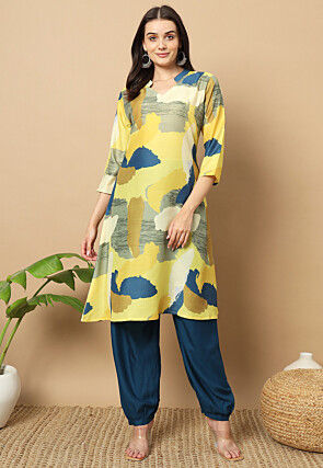 Digital Printed Muslin Cotton Aline Kurta Set in Yellow