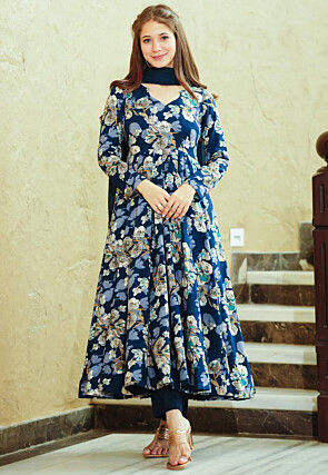 Digital Printed Muslin Cotton Anarkali Suit in Navy Blue