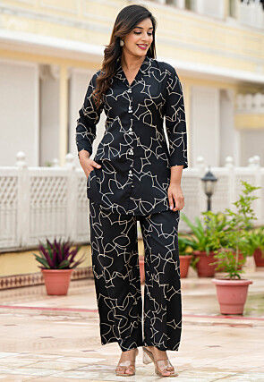 Digital Printed Muslin Cotton Co Ord Set in Black