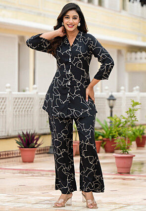 Digital Printed Muslin Cotton Co Ord Set in Black