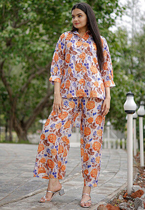 Digital Printed Muslin Cotton Co Ord Set in Off White and Orange