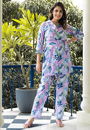 Digital Printed Muslin Cotton Co Ord Set in Purple