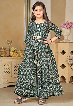 Digital Printed Muslin Cotton Crop Top Set in Dark Green