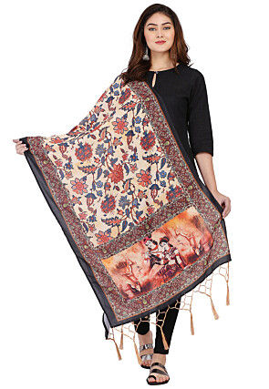 Digital Printed Muslin Cotton Dupatta in Beige