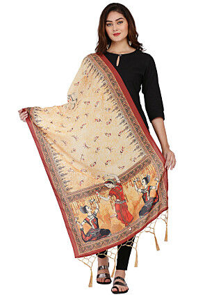 Digital Printed Muslin Cotton Dupatta in Beige