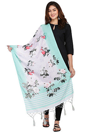 Digital Printed Muslin Cotton Dupatta in Off White