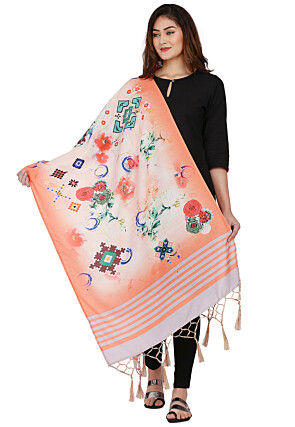 Digital Printed Muslin Cotton Dupatta in Peach