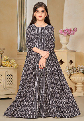 Digital Printed Muslin Cotton Gown with Jacket in Black