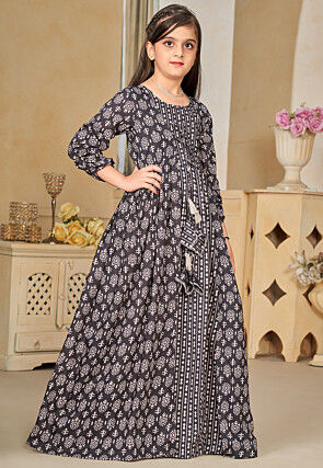 Digital Printed Muslin Cotton Gown with Jacket in Black