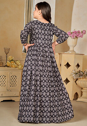 Digital Printed Muslin Cotton Gown with Jacket in Black