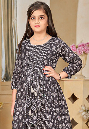 Digital Printed Muslin Cotton Gown with Jacket in Black