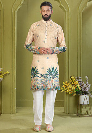 Digital Printed Muslin Cotton Kurta Set in Beige