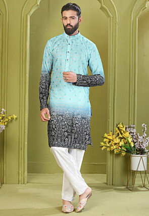 Digital Printed Muslin Cotton Kurta Set in Blue