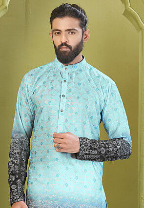 Digital Printed Muslin Cotton Kurta Set in Blue