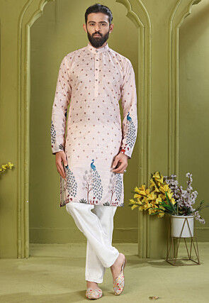 Digital Printed Muslin Cotton Kurta Set in Light Beige