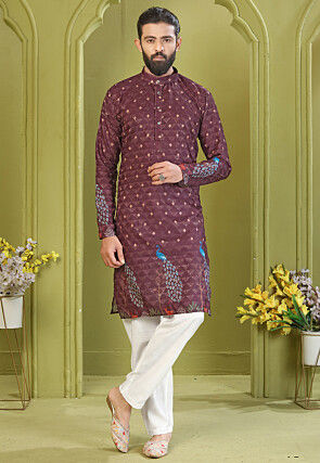 Digital Printed Muslin Cotton Kurta Set in Wine