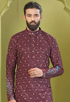 Digital Printed Muslin Cotton Kurta Set in Wine