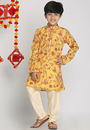Digital Printed Muslin Cotton Kurta Set in Yellow