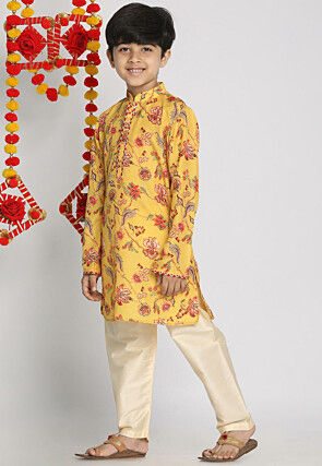Digital Printed Muslin Cotton Kurta Set in Yellow