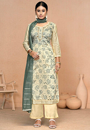 Digital Printed Muslin Cotton Pakistani Suit in Beige and Multicolor